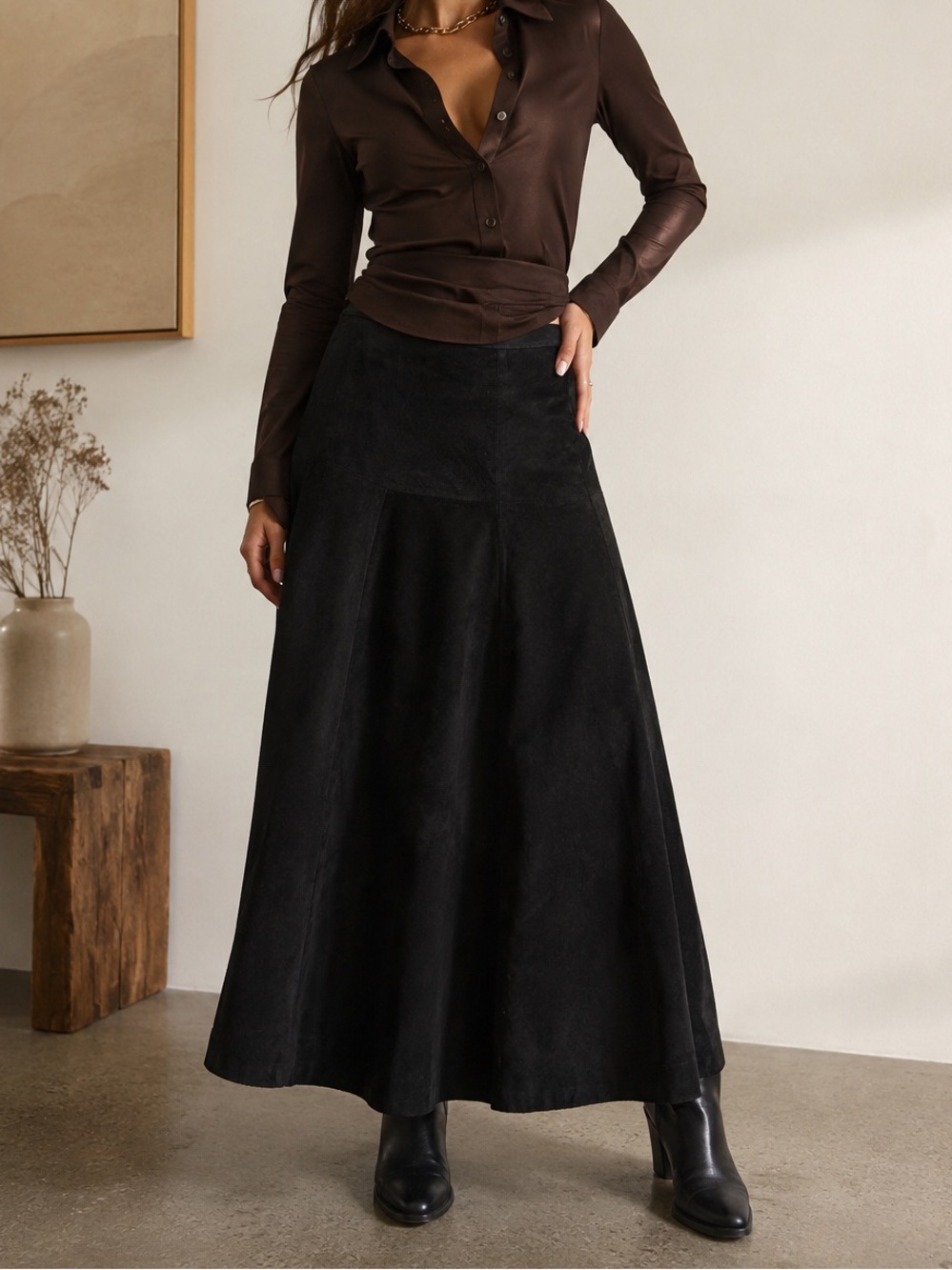 Pia Rucci Black Genuine Leather Suede Maxi Skirt Size 6 A-Line Vintage